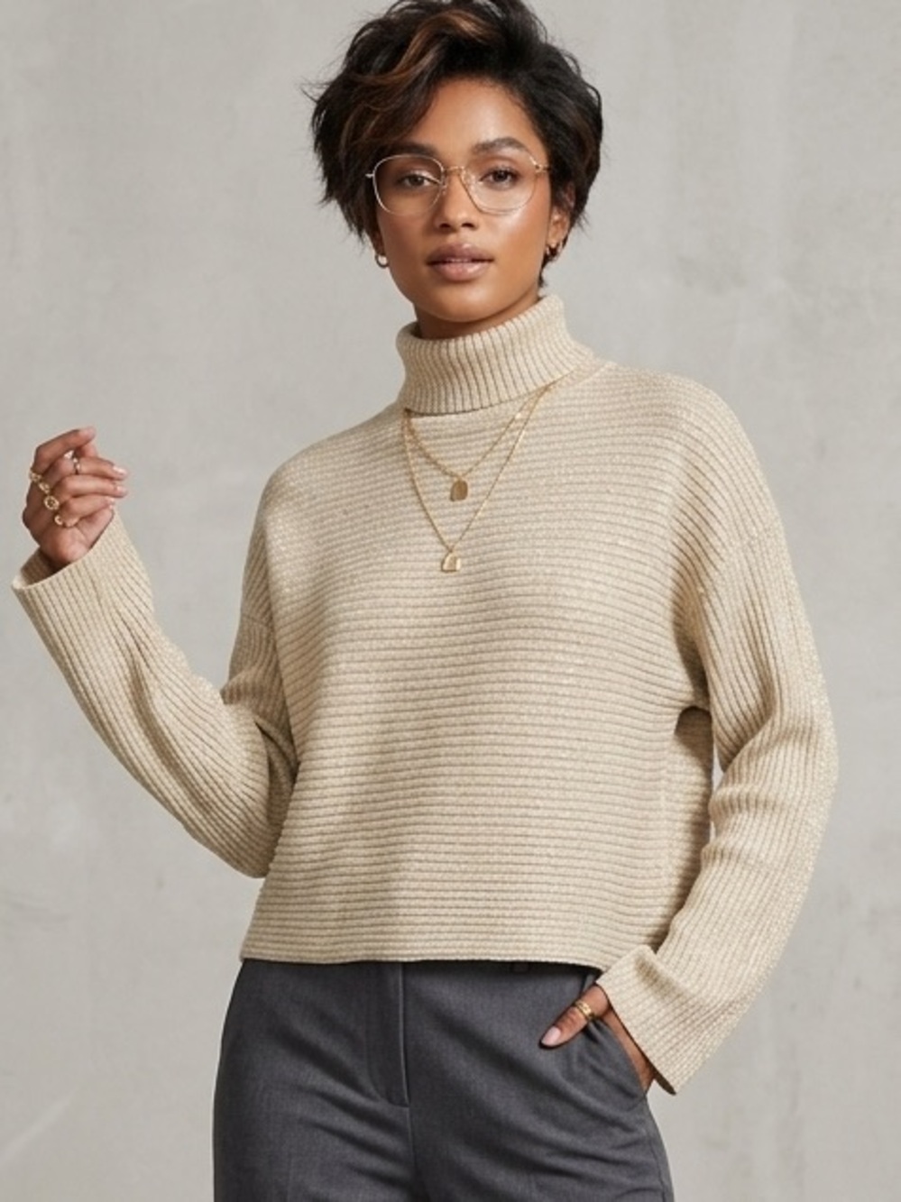 Zara Beige Ribbed Cropped Turtleneck Knit Sweater Top Neutral Minimalist 1875 - Picture 1 of 5